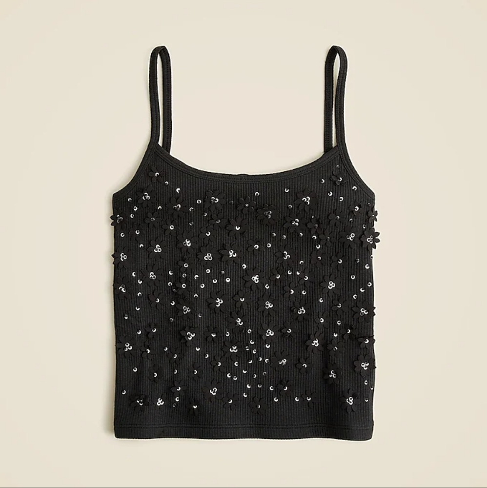 J. Crew Floral Embellished Rib Tank Top, Sz Large, NWT